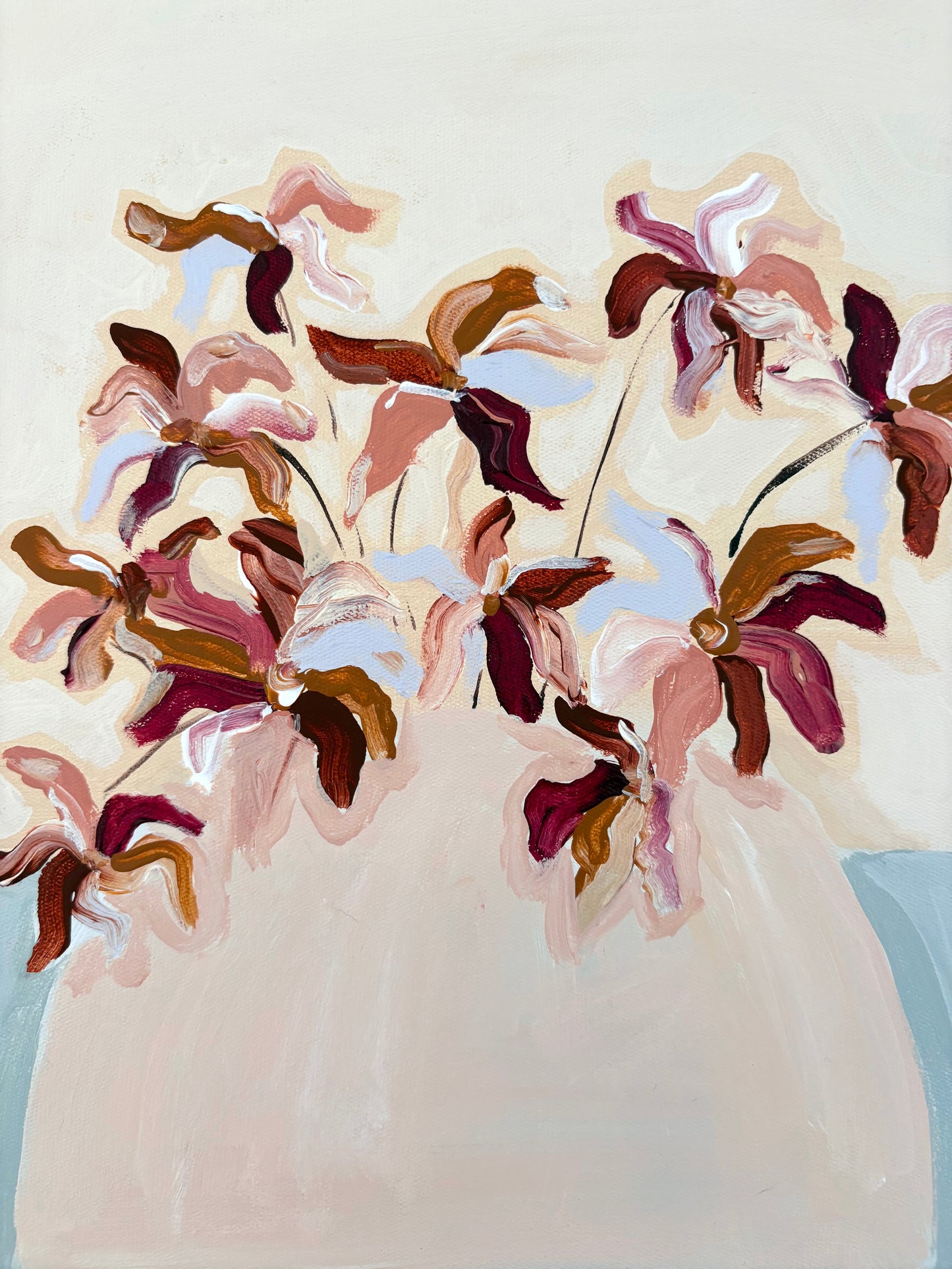 Close up of painting of burgundy brown and blue abstract flowers in a pale pink vase with a cream and pale blue background.