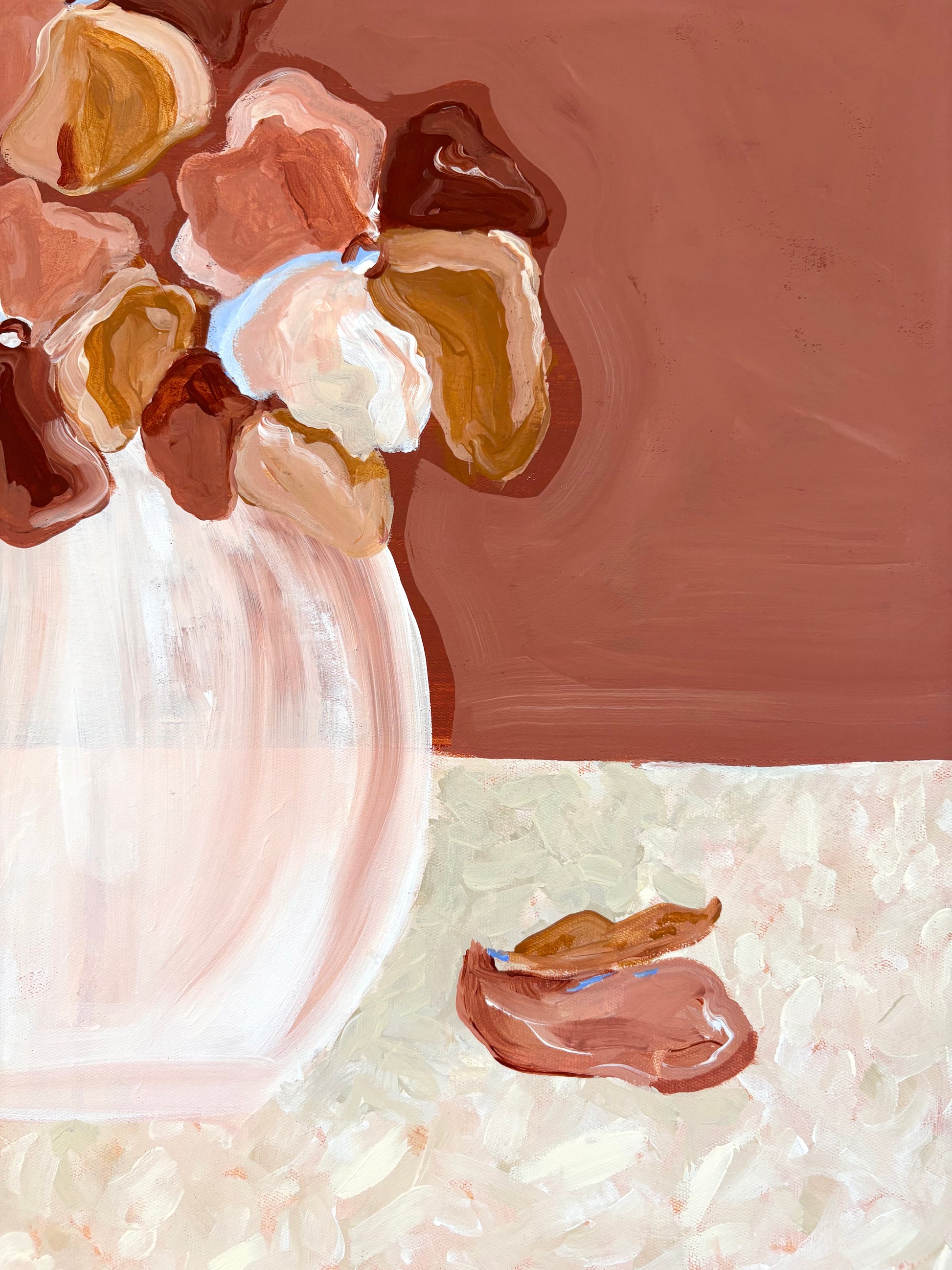 Abstract painting of warm brown and pink flowers in a vase on a brown and cream background. The bottom halve of the background is textured cream colours with two fallen petals. 