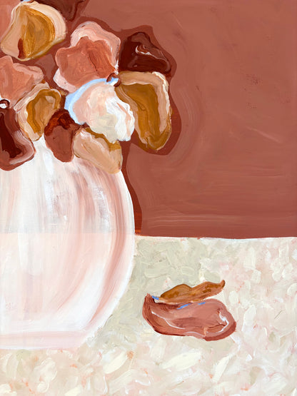 Abstract painting of warm brown and pink flowers in a vase on a brown and cream background. The bottom halve of the background is textured cream colours with two fallen petals. 