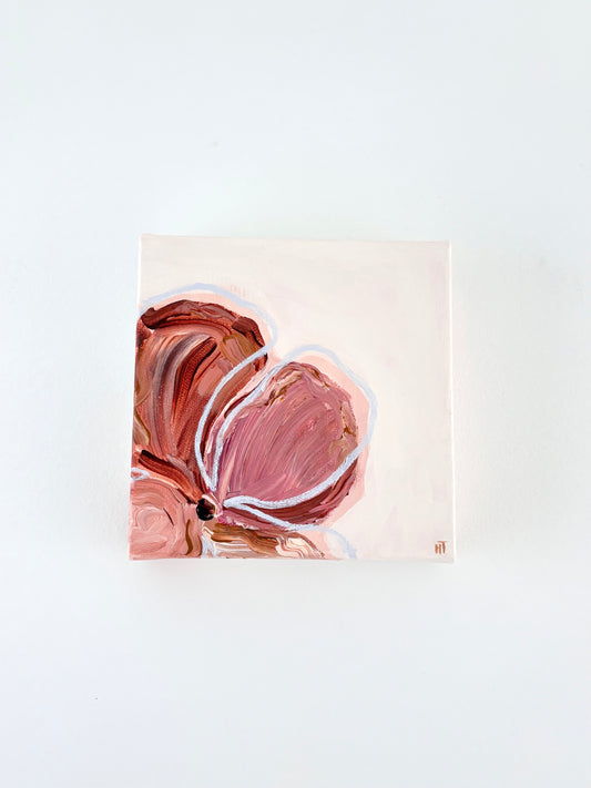 Abstract flower painting with pink and brown tones on a cream background