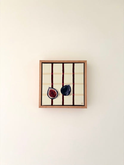 Painting of a halved dark fig on a cream checkered background with burgundy lines.